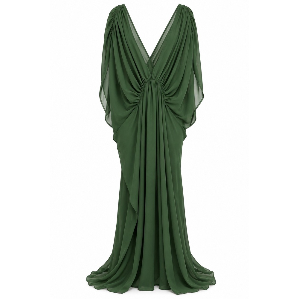 Icon Swim Lucy Cover Up Dress Green L Maxi Chiffon Ruched V-Neck NEW
